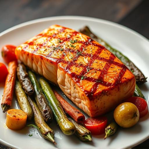 A plate of grilled salmon with roasted vegetables.