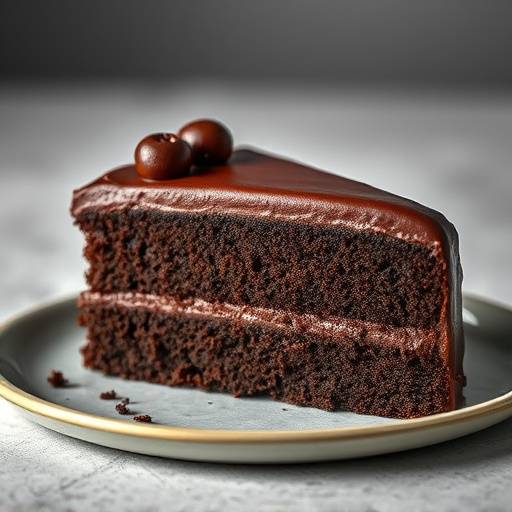 A slice of rich chocolate cake with chocolate ganache frosting.