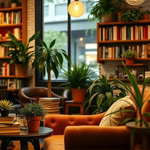 Close-up of coffee shop details, including books, plants, and a cozy armchair, showcasing the comfortable ambiance of The Daily Grind.