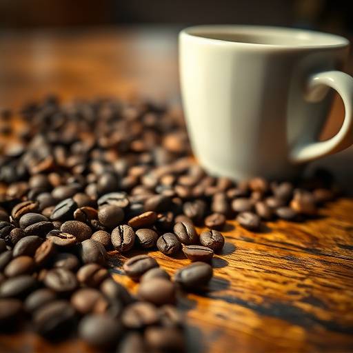 Close up of coffee beans and a coffee cup on a wooden table, representing the reservation setting at The Daily Grind.