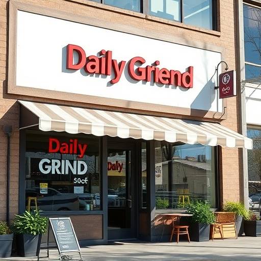 Exterior of The Daily Grind cafe in Seattle, showcasing outdoor seating and large windows.