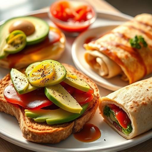 Selection of breakfast items including avocado toast, pancakes, and a breakfast burrito.